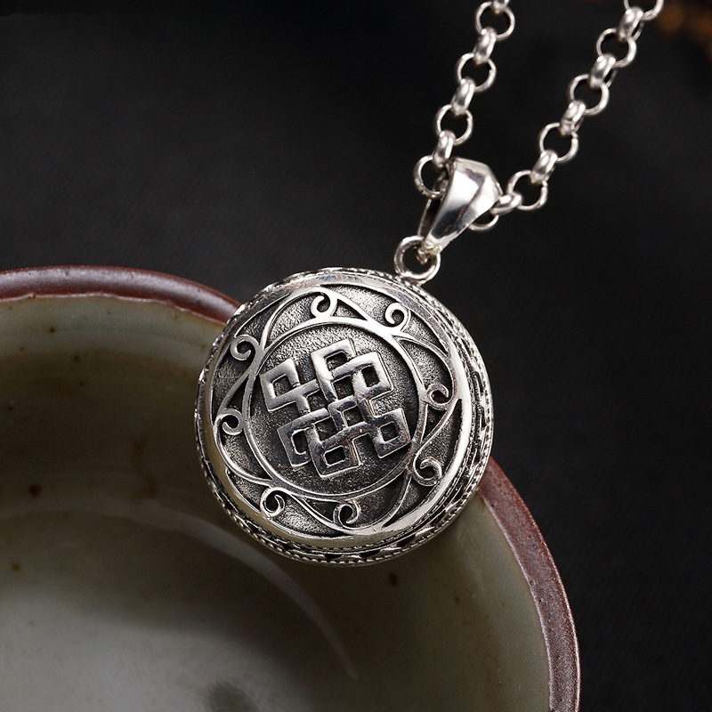 Vintage S925 Silver Auspicious Buddhist Endless Knot Openable Gau Box Antique Pendants No Chain
